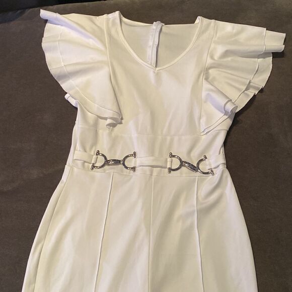 Women’s White Jumpsuit with Ruffles and Silver Waist Detail Size M **READ - Picture 3 of 10